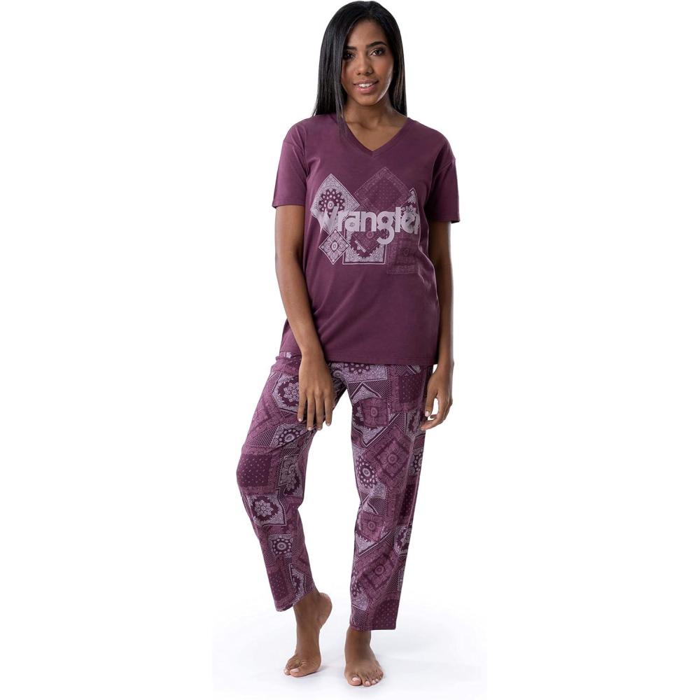imageWrangler Womens VNeck Short Sleeve Graphic Tee and Printed Pants Pajama Sleep SetAmaranthPaisley