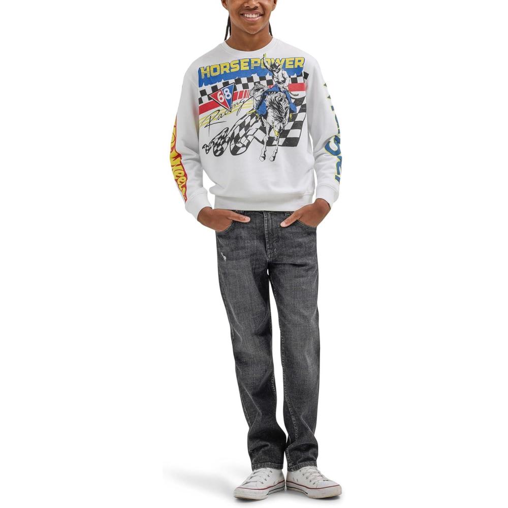 imageWrangler boys X Hot Wheels Youth Crewneck rodeo PulloverWhite