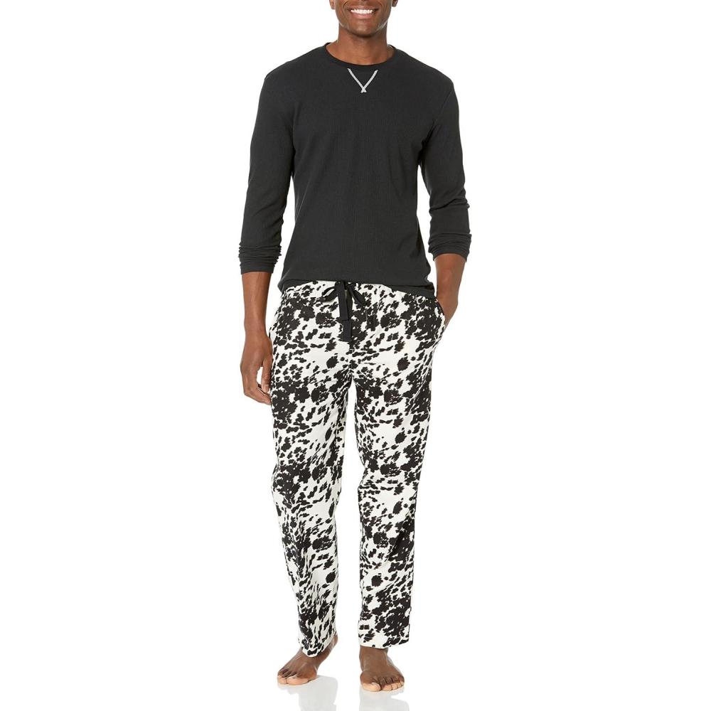 imageWrangler mens Waffle Knit Top and Flannel Pajama Pant Pajama Sleep SetBlackCow Print