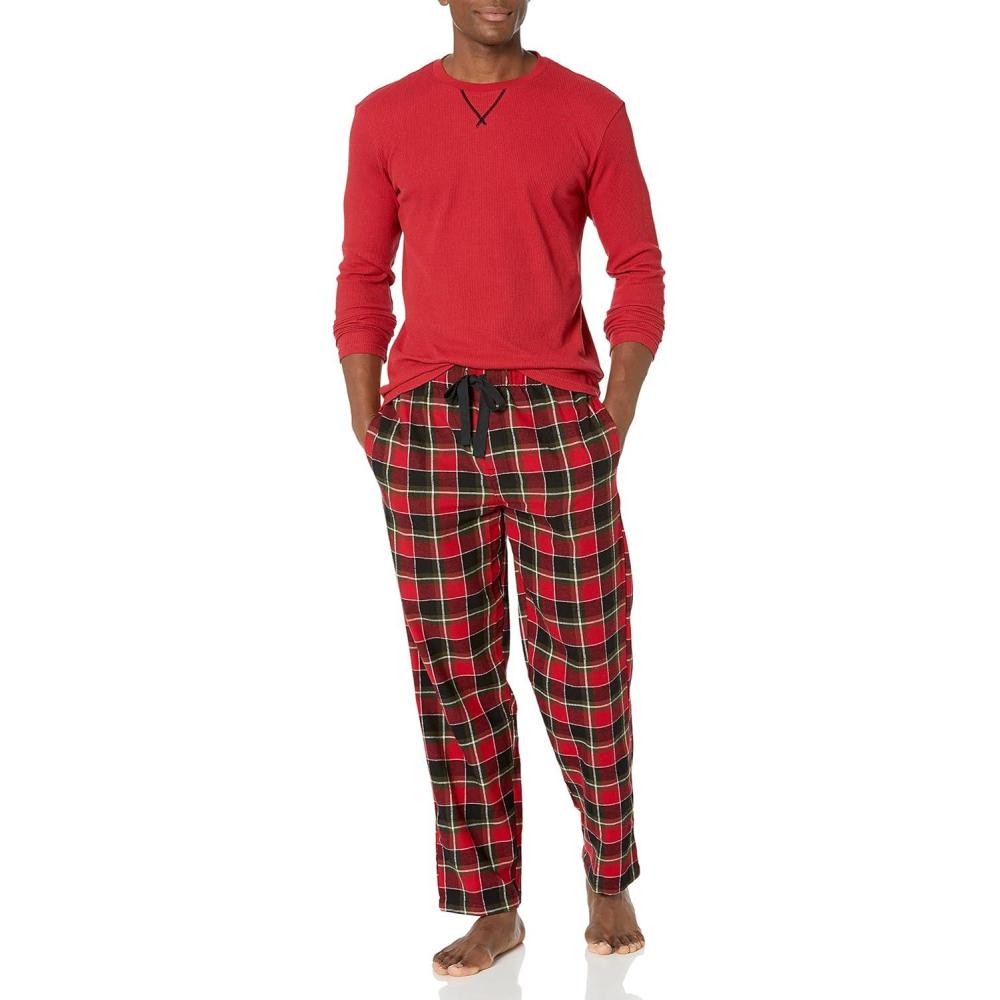 imageWrangler mens Waffle Knit Top and Flannel Pajama Pant Pajama Sleep SetRedPlaid
