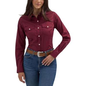 Women’s Retro Long Sleeve Cool Blue Solid Western Shirt(Wine)