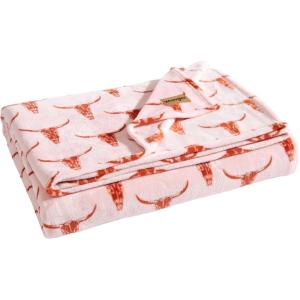 Wrangler – Queen Size Blanket, Super Soft & Reversible Plush Fleece Bedding, Throw Blanket for Couch or Bed (Glen Canyon Stripe Blue)(Steer Head Peach)