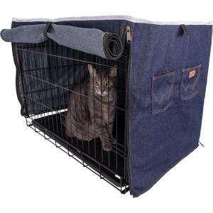 Wrangler Denim Dog Crate Cover – Durable, Breathable & Stylish Dog Kennel Cover with Rollable Panels & Front Pocket for Accesories – Machine Washable Crate Covers for Dog Cages (M)(M)