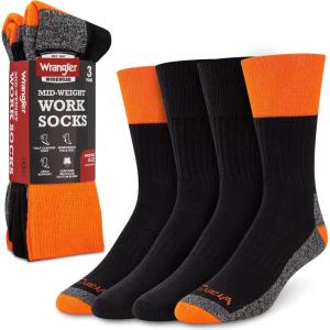 Wrangler Hi-Vis Work Socks for Men – Cushioned Crew Boot Socks with Arch Support, Reinforced Heel & Toe – Size 6-12(Black/Orange)
