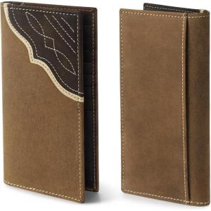 Wrangler Men’s Bifold Wallet with Contrast Corner Patch, Genuine Leather, Gift for Him(Brown Vertical)