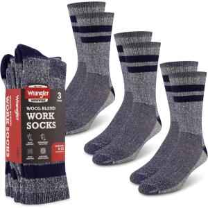 Wrangler Men’s Blended Wool Work Socks – Crew Socks for Hiking, Boots, & All-Weather Wear with Arch Support – Size 6-12(Blue)