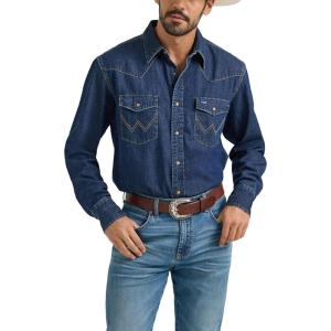 Wrangler Men’s Denim Light Wash Long Sleeve Snap Shirt(Mid Wash Azul)