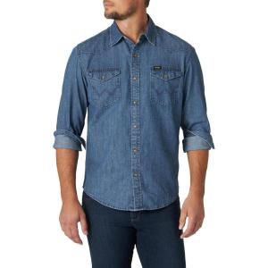 Wrangler Mens Iconic Denim Regular Fit Snap Shirt(Mid Tint Denim)
