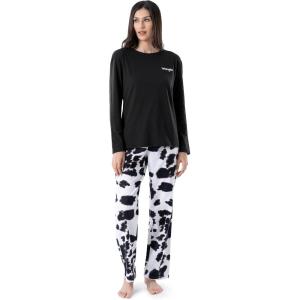 Wrangler Women’s Jersey Top and Flannel Pant Sleep Pajama Set(Black/Cow Print)