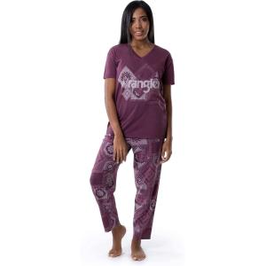 Wrangler Women’s V-Neck Short Sleeve Graphic Tee and Printed Pants Pajama Sleep Set(Amaranth/Paisley)