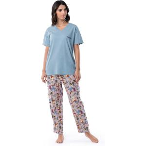 Wrangler Women’s V-Neck Short Sleeve Graphic Tee and Printed Pants Pajama Sleep Set(Blue/Cowgirl)
