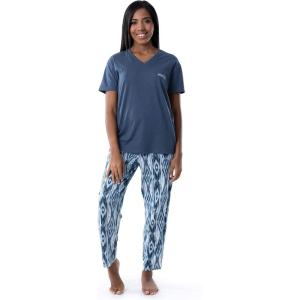 Wrangler Women’s V-Neck Short Sleeve Graphic Tee and Printed Pants Pajama Sleep Set(Dark Denim/Geo)