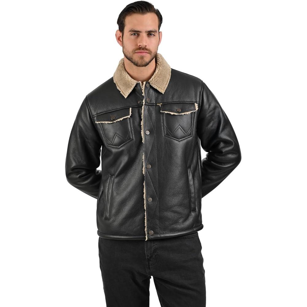 imageWrangler Mens Black Faux Leather Jacket  Classic Sherpa Collar Design with Snap Buttons and Side Pockets