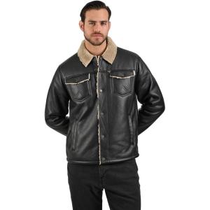Wrangler Men’s Black Faux Leather Jacket – Classic Sherpa Collar Design with Snap Buttons and Side Pockets