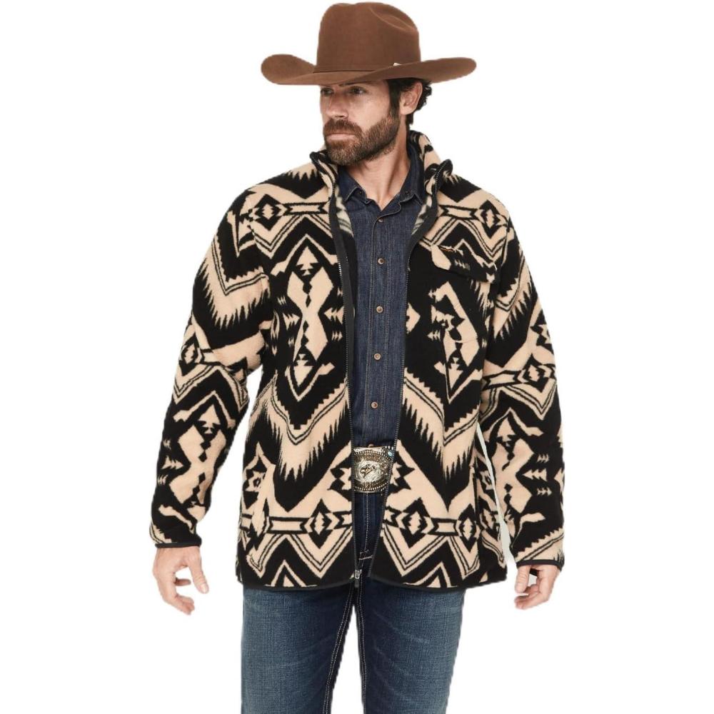 imageWrangler Mens Lightweight Full Zip Southwestern Print Sherpa Jacket Black Medium