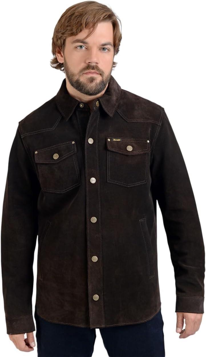 imageWrangler Mens Leather Trucker Jacket Western Dark BrownDark Brown