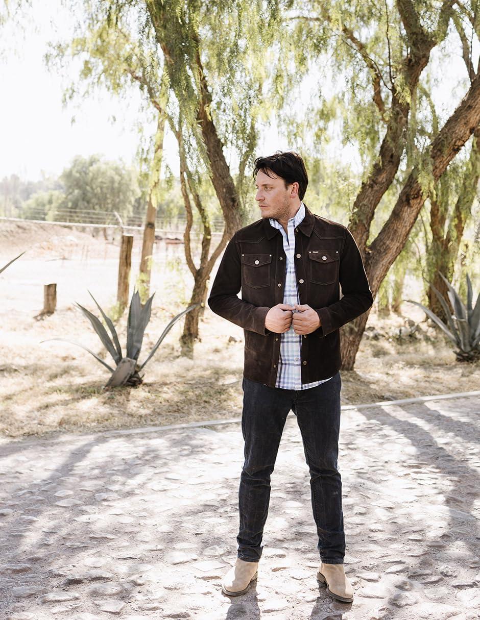 imageWrangler Mens Leather Trucker Jacket Western Dark BrownDark Brown