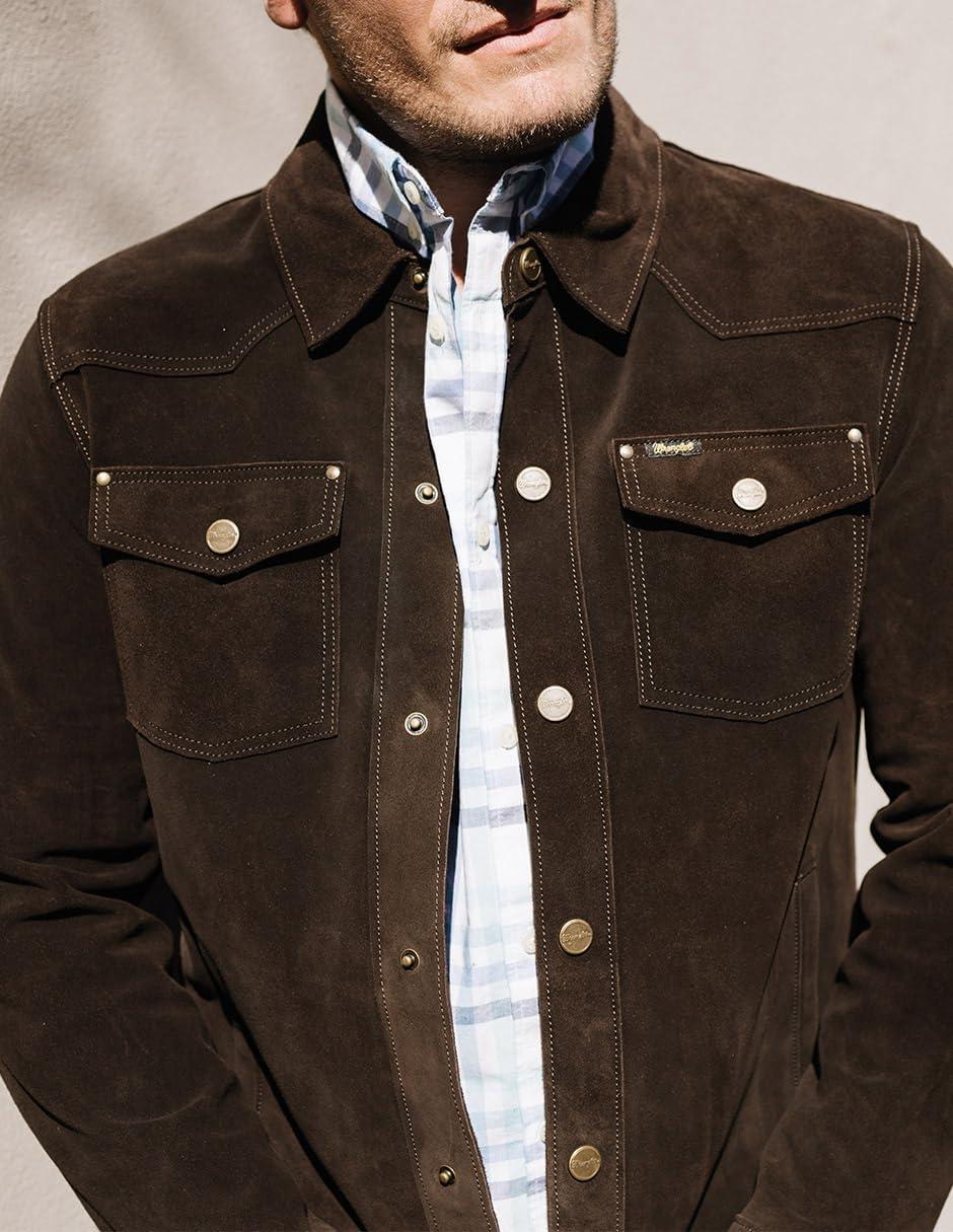 imageWrangler Mens Leather Trucker Jacket Western Dark BrownDark Brown