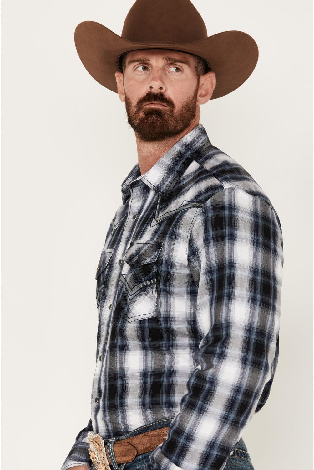 imageWrangler Mens Rock 47 by Plaid Print Long Sleeve Snap Western Shirt 112317113 Black