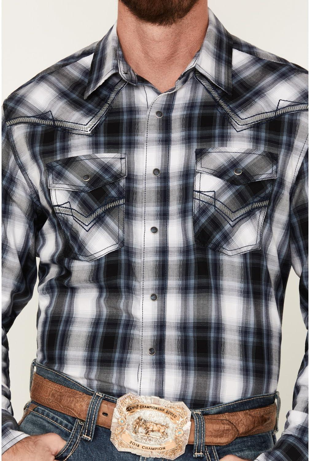 imageWrangler Mens Rock 47 by Plaid Print Long Sleeve Snap Western Shirt 112317113 Black