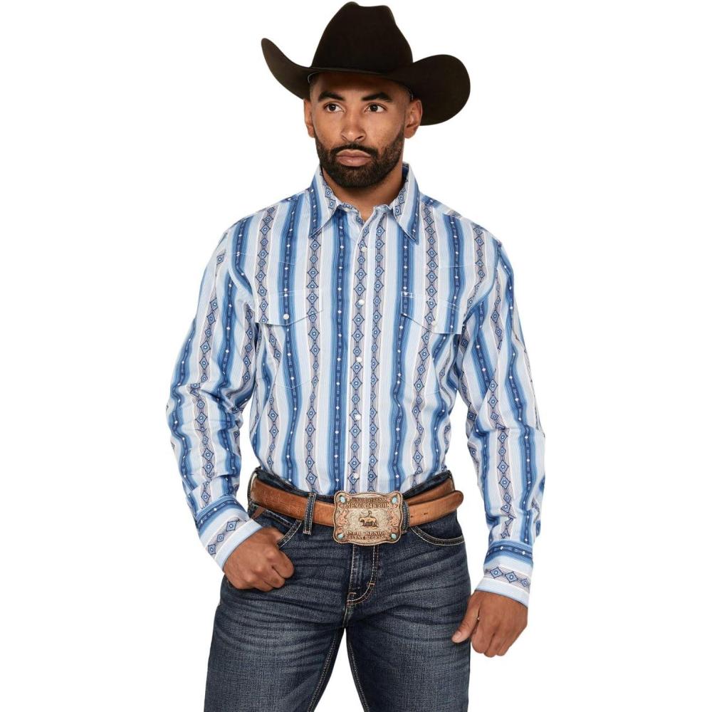 imageWrangler Mens Checotah Southwestern Print Long Sleeve Snap Western Shirt Big Blue 3X