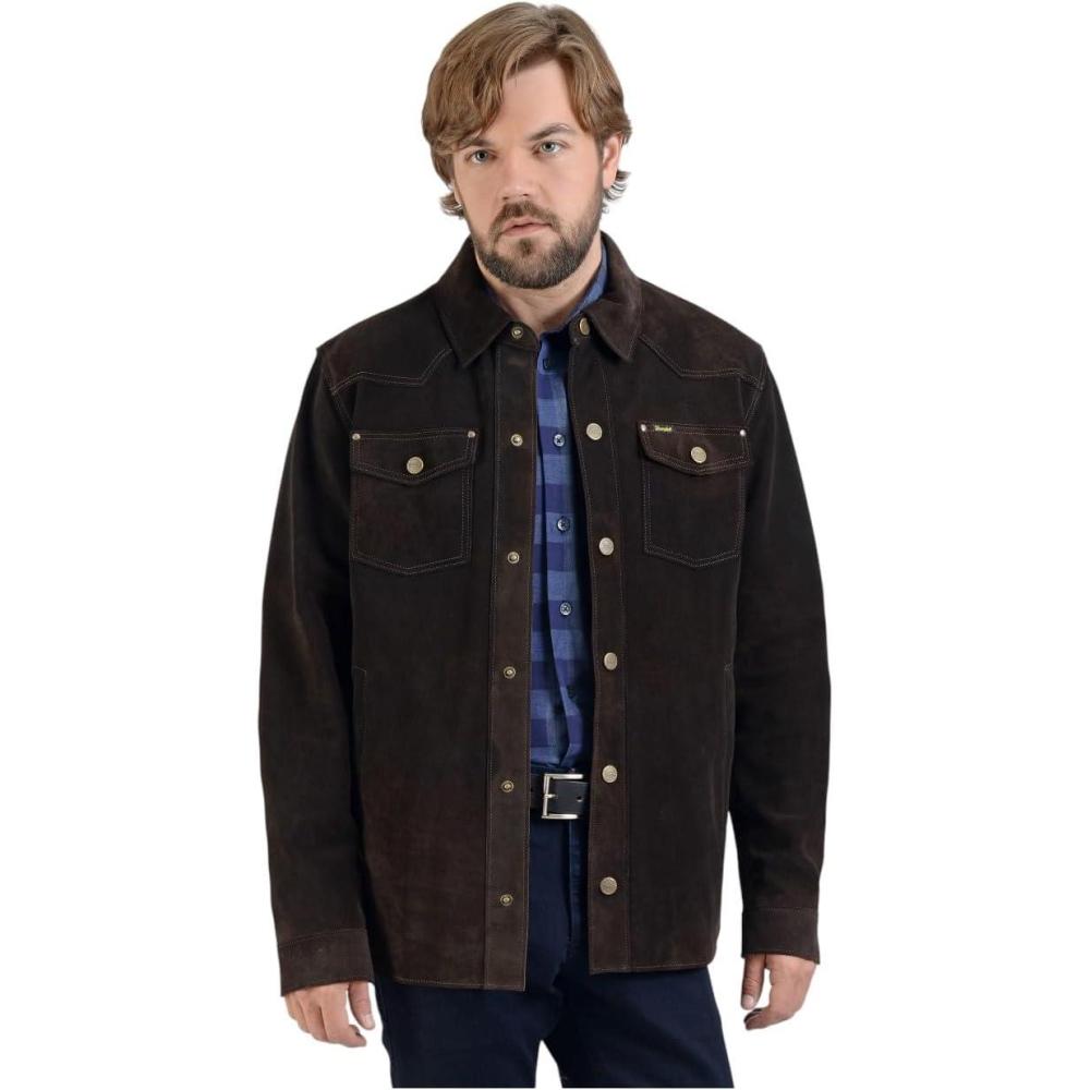 imageWrangler Mens Leather Trucker Jacket Western Dark BrownDark Brown