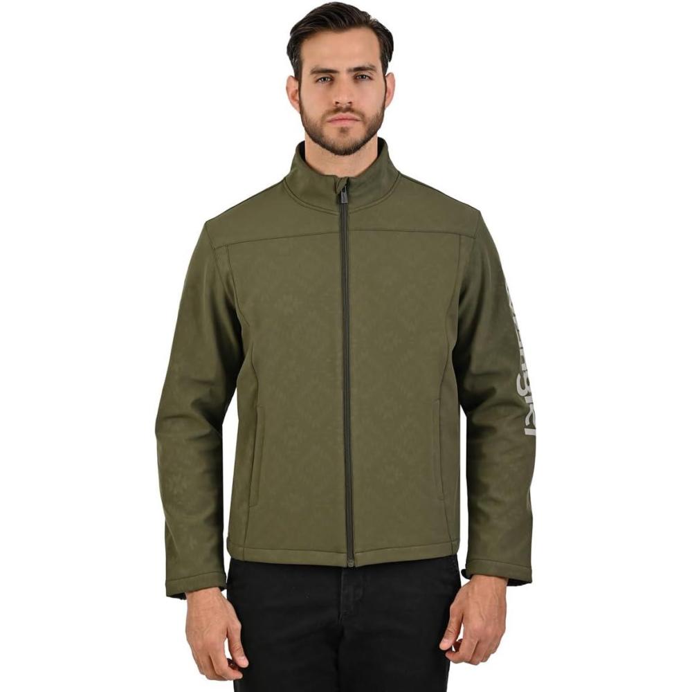 imageWrangler Mens Olive Green Woven Jacket  Modern FullZip Design with High Collar and Logo Detail on Sleeve