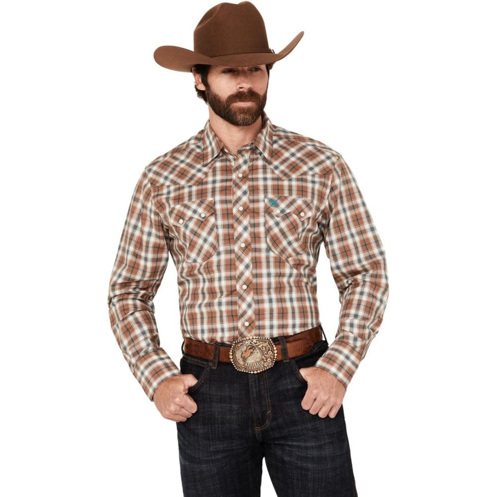 imageWrangler Mens Retro Plaid Print Long Sleeve Snap Western Shirt Brown Medium