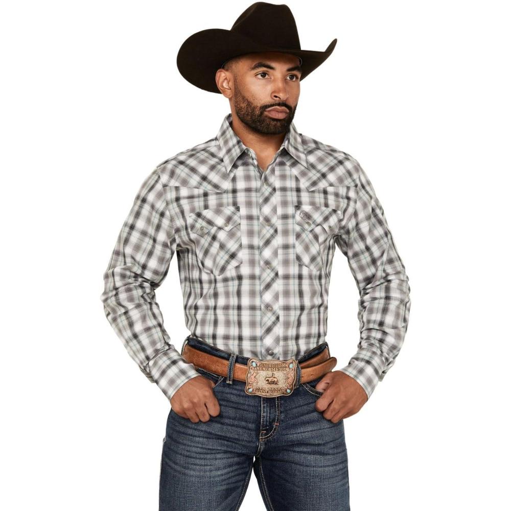 imageWrangler Mens Retro Plaid Print Long Sleeve Snap Western Shirt Grey