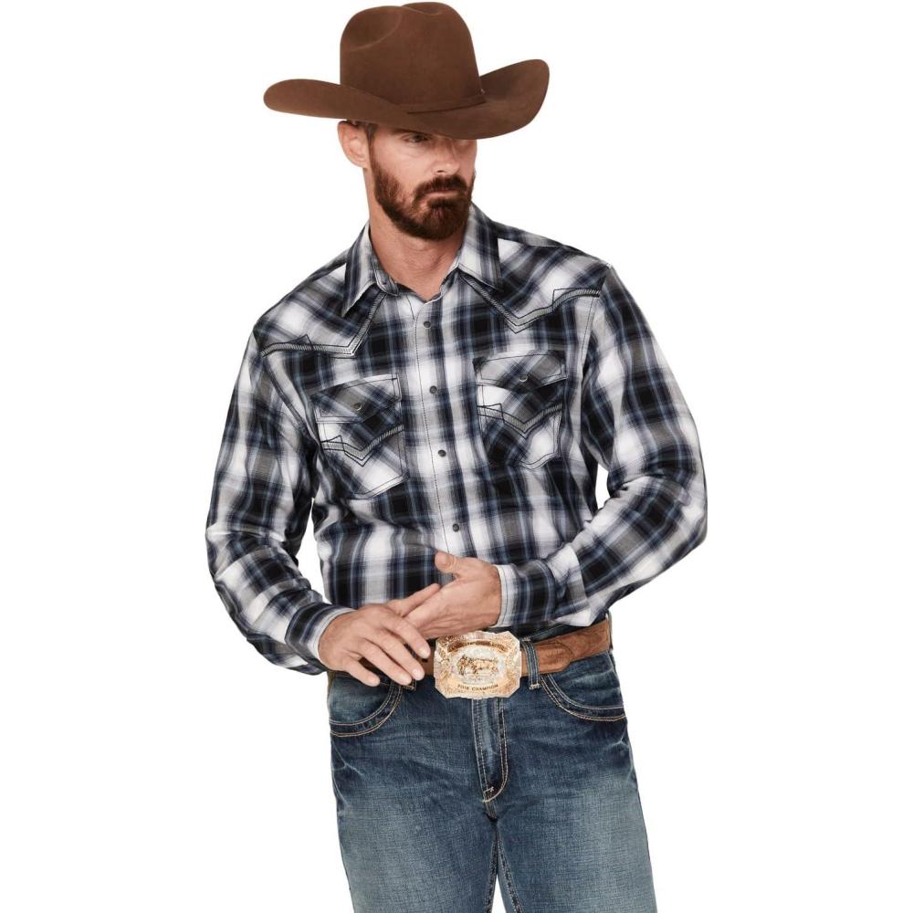 imageWrangler Mens Rock 47 by Plaid Print Long Sleeve Snap Western Shirt  112317113 Black