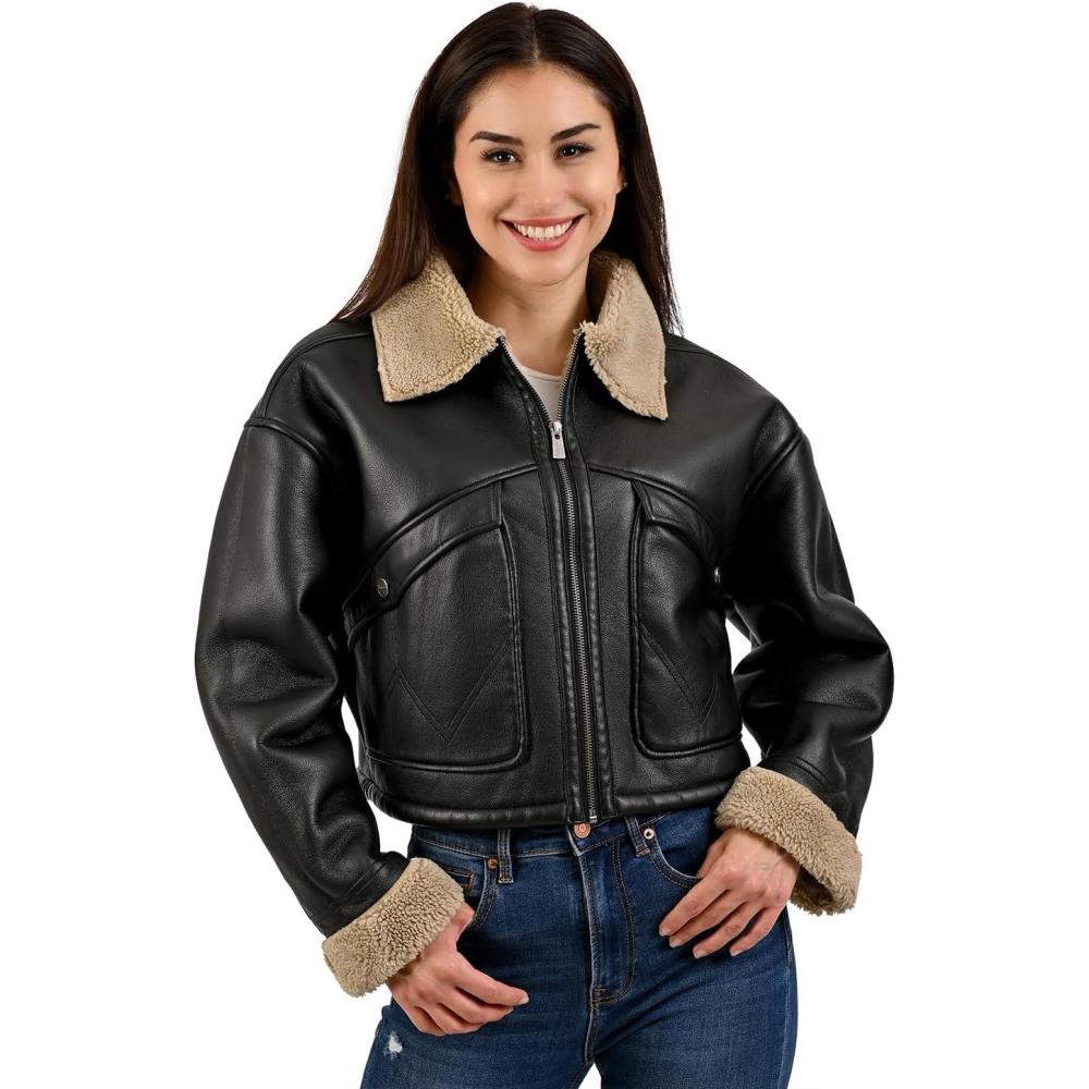 imageWrangler Womens Black Faux Leather Jacket Sherpa Collar and Cuffs Warm Lined Aviator Style