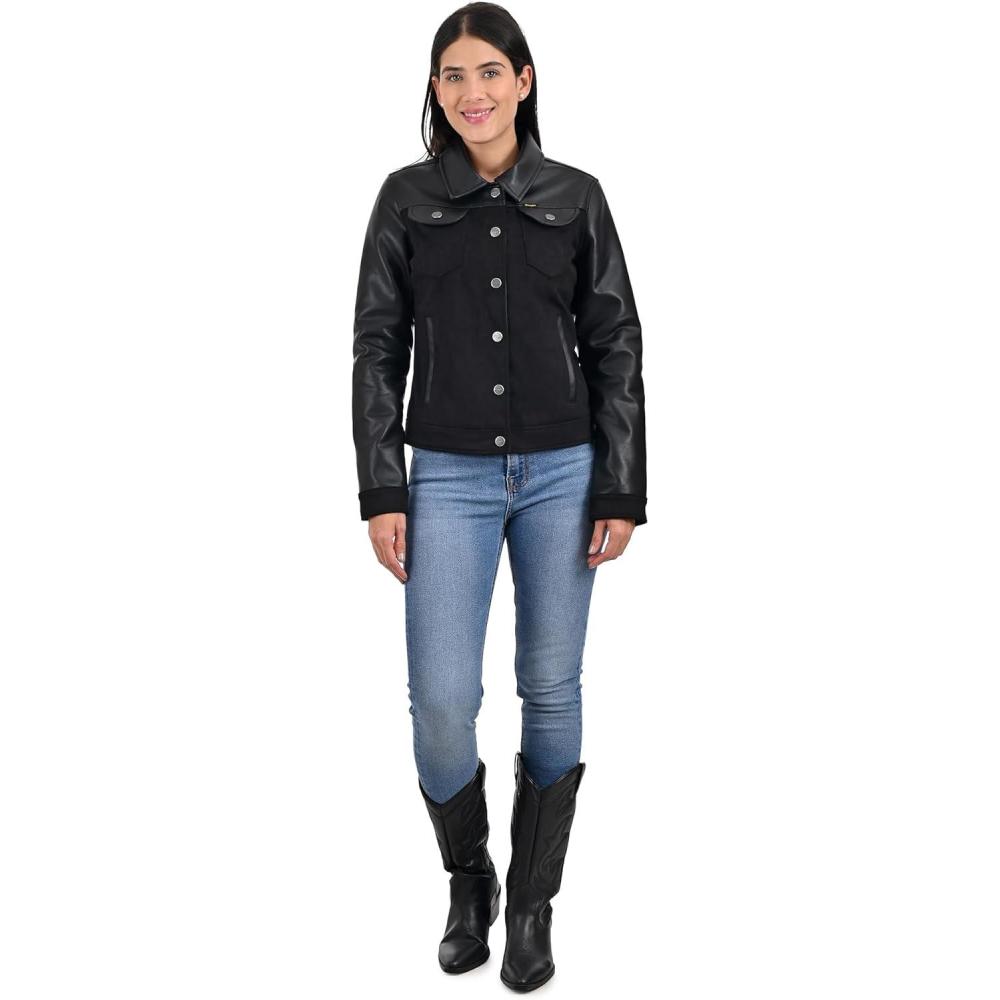 imageWrangler Womens TwoTone Faux Leather Trucker Jacket BlackBlack
