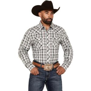 Wrangler Men’s Retro Plaid Print Long Sleeve Snap Western Shirt Grey