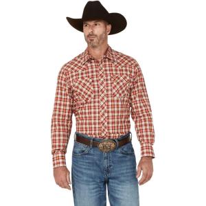 Wrangler Men’s Retro Plaid Print Long Sleeve Snap Western Shirt Red