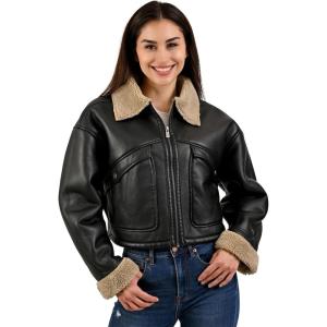 Wrangler Women’s Black Faux Leather Jacket – Sherpa Collar and Cuffs, Warm Lined Aviator Style