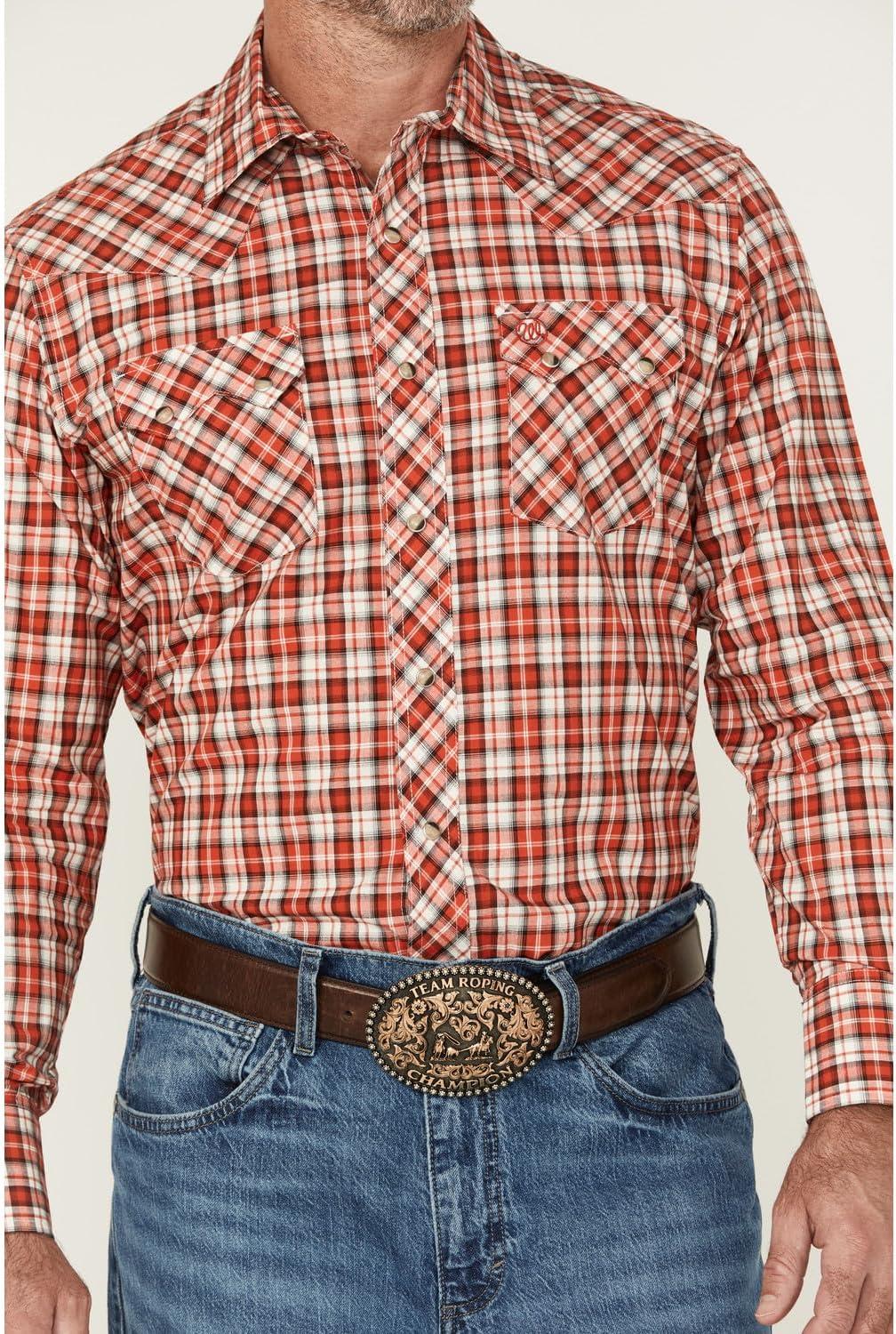 imageWrangler Mens Retro Plaid Print Long Sleeve Snap Western Shirt Red Medium