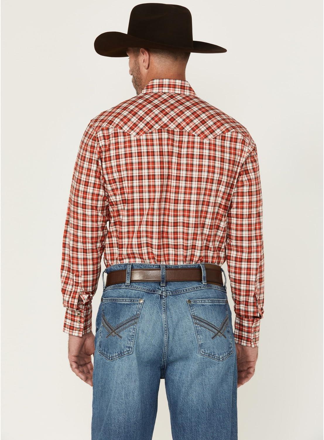 imageWrangler Mens Retro Plaid Print Long Sleeve Snap Western Shirt Red Medium