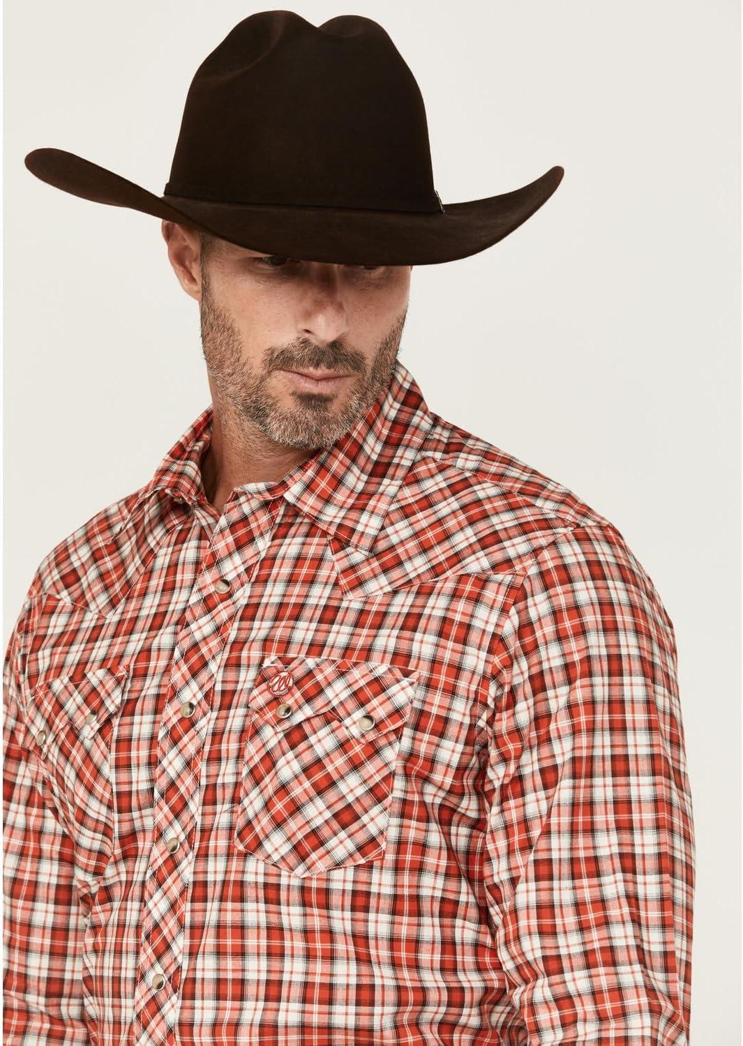 imageWrangler Mens Retro Plaid Print Long Sleeve Snap Western Shirt Red Medium