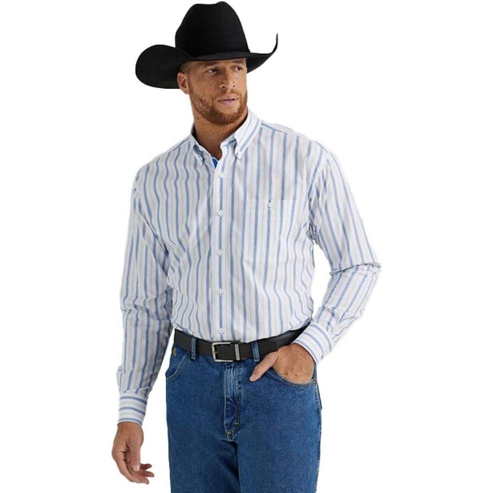 imageWrangler Mens George Strait Striped Button Down ShirtWhite