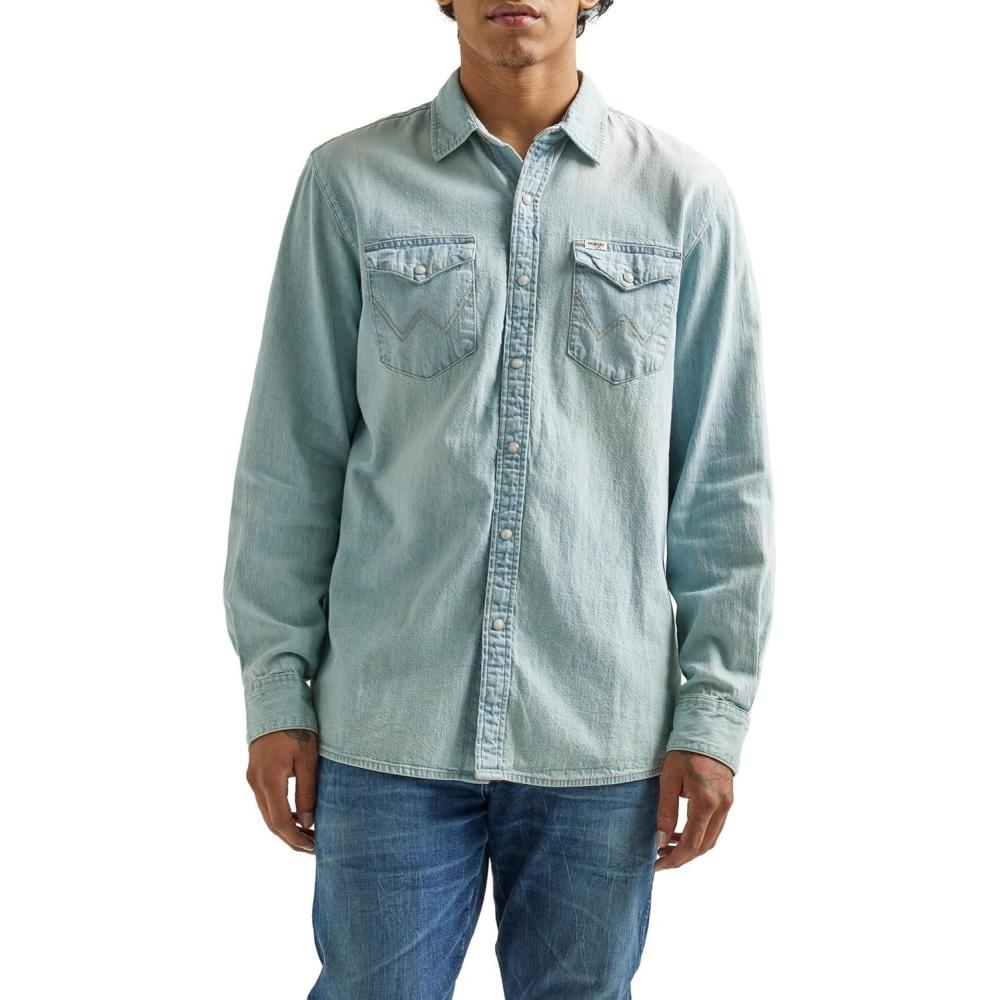 imageWrangler Mens Long Sleeve Denim ShirtLight Wash