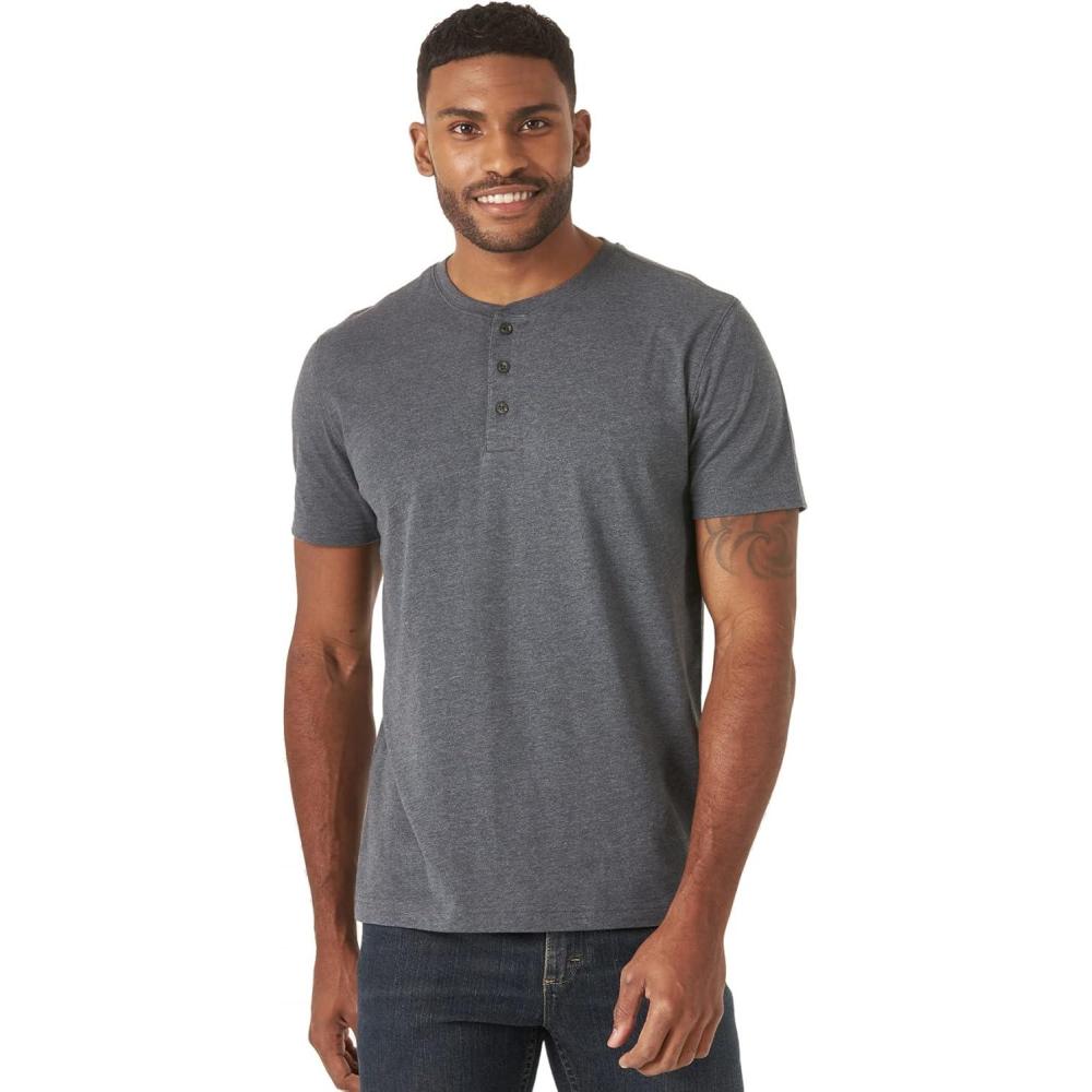 imageWrangler Authentics Mens Short Sleeve Henley TeeIndia Ink Heather
