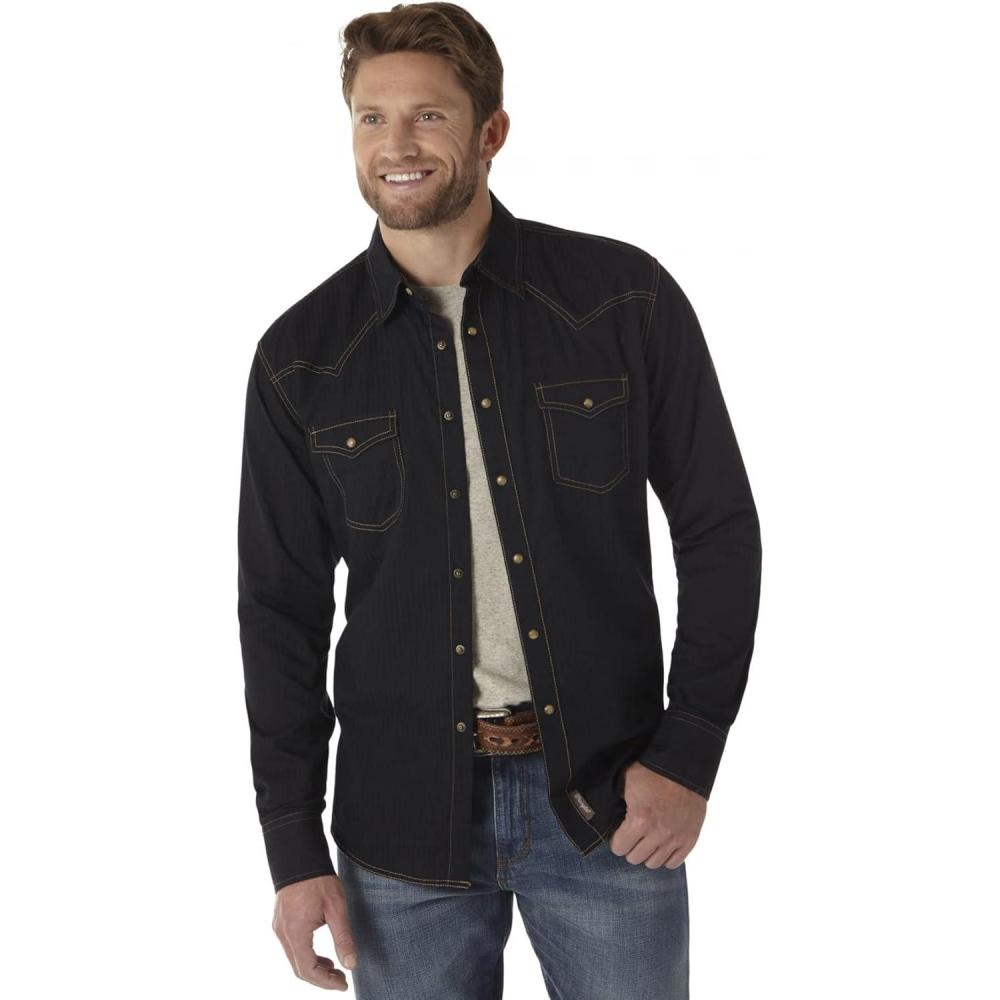 imageWrangler Mens Retro Two Pocket Long Sleeve Snap Shirt DiscontinuedBlack