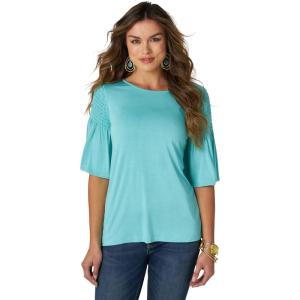 Wrangler Women’s 3/4 Sleeves Smocked Shoulder Knit Top(Pool Blue)