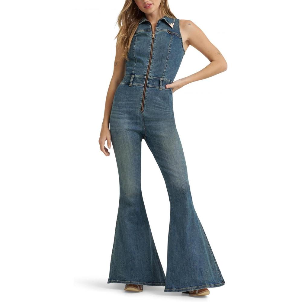 imageWrangler womens X Lainey Wilson Sleeveless Denim Flare CatsuitDenim
