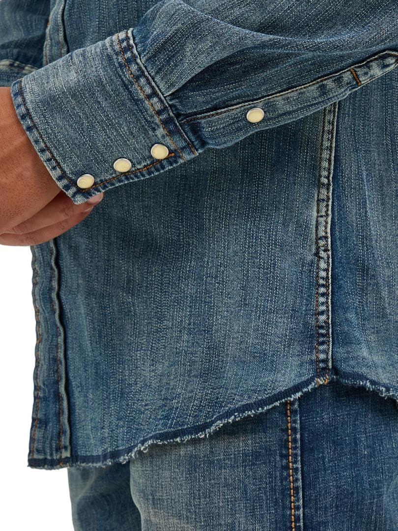 imageWrangler Mens Cowboy Cut Western Long Sleeve Snap Work Shirt Washed FinishAntique Blue