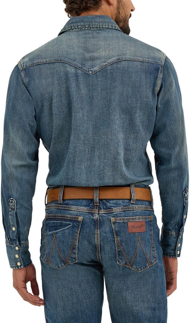 imageWrangler Mens Cowboy Cut Western Long Sleeve Snap Work Shirt Washed FinishAntique Blue