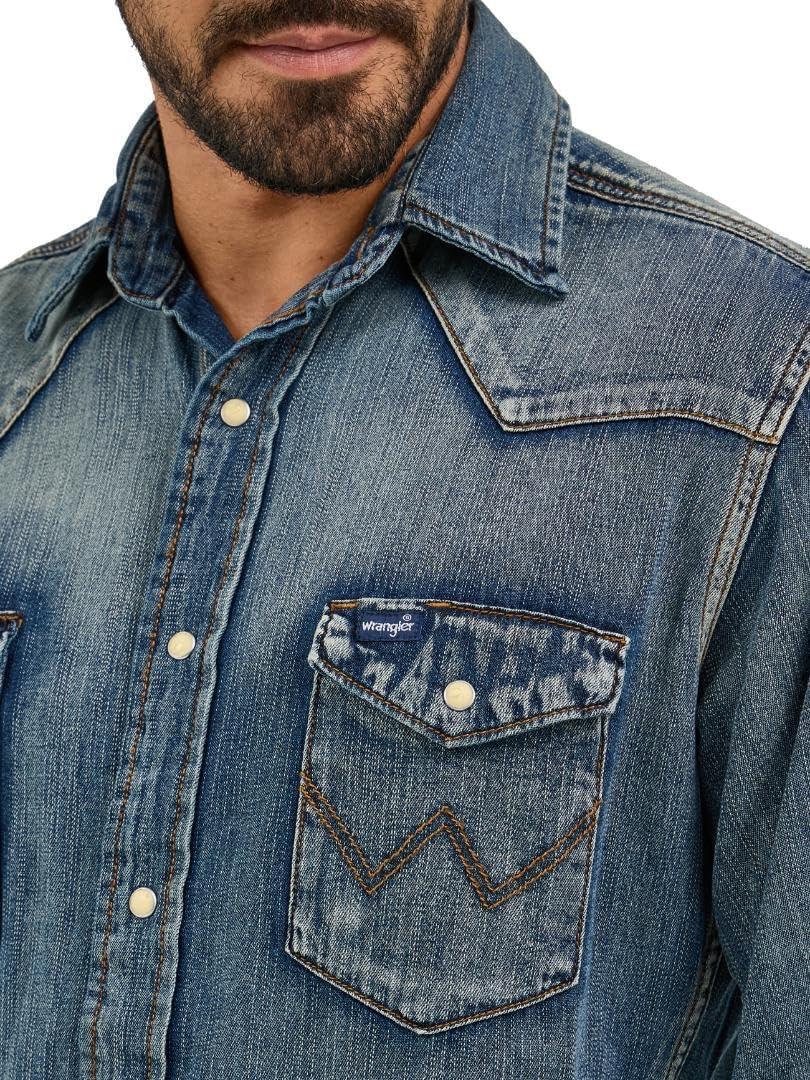 imageWrangler Mens Cowboy Cut Western Long Sleeve Snap Work Shirt Washed FinishAntique Blue