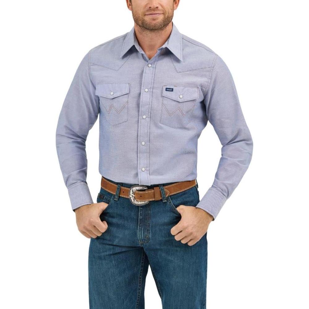 imageWrangler Mens Cowboy Cut Western Long Sleeve Snap Work Shirt Washed FinishChambray