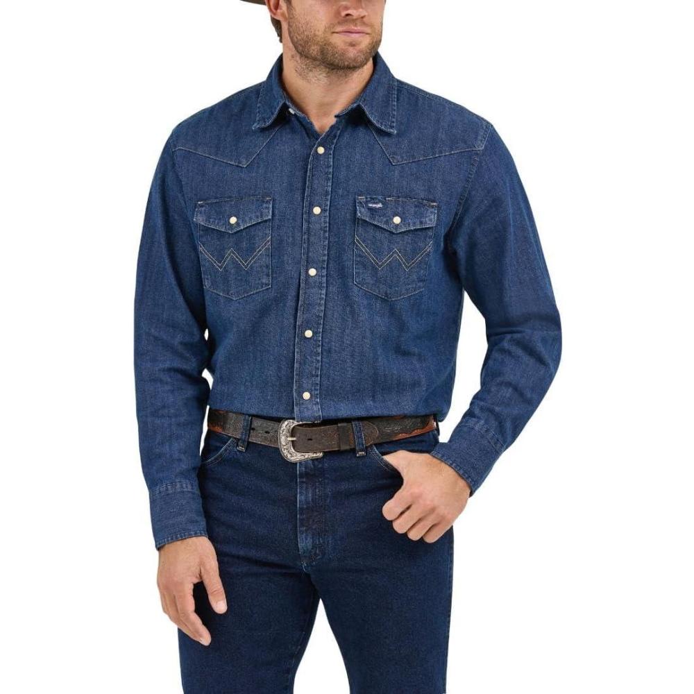 imageWrangler Mens Cowboy Cut Western Long Sleeve Snap Work Shirt Washed FinishDark Denim