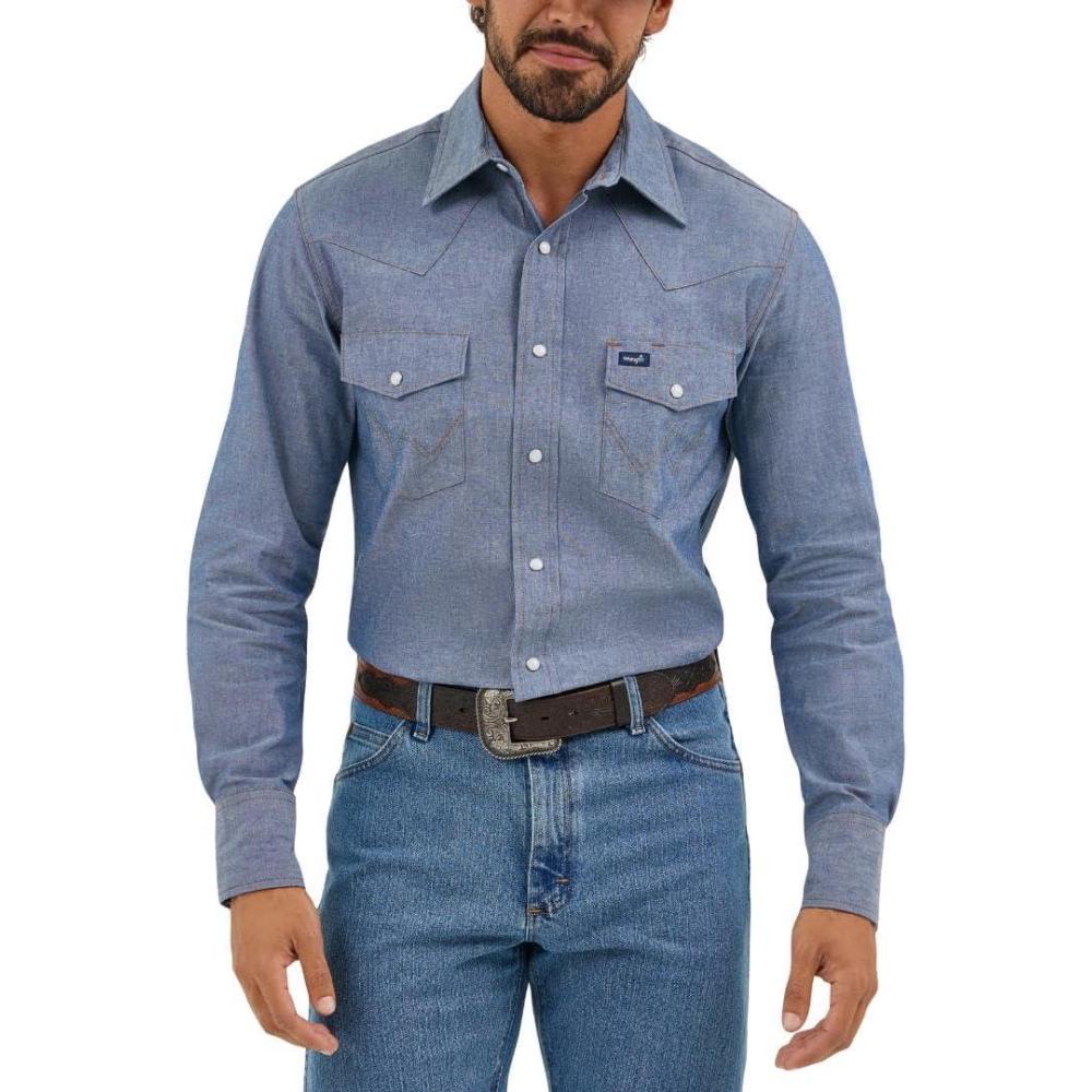 imageWrangler Mens Cowboy Cut Western Long Sleeve Snap Work Shirt Washed FinishMedium Blue Chambray